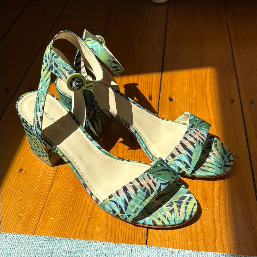Marc Fisher Green Tropical Print Block Heel Sandals